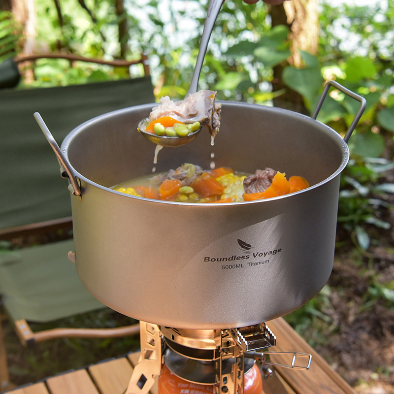 Home Cooking Cookbook - 寝袋のない方-ポータブルチタンポット、大容量、屋外、ハイキング、ピクニック、キャンプ、調理器具、スープ、家庭用キッチン用鍋、5.0l