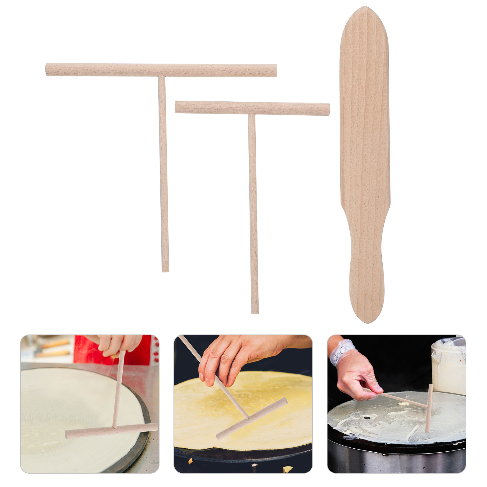 Home Cooking Set - 3点セット クレープスプレッダーとスパチュラ 木製パンケーキ調理ツールセット T字型ターナー スクレーパーキット 家庭用キッチン