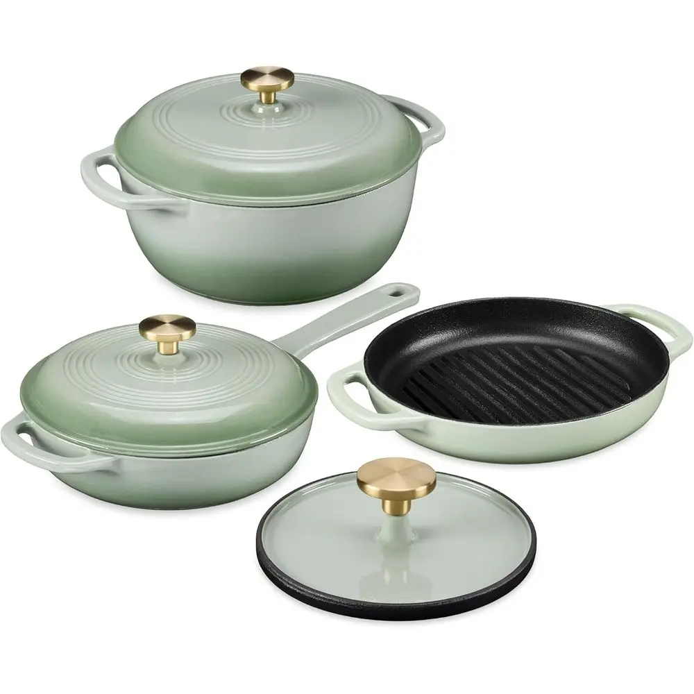 Dutch Oven Enamel - 調理器具セット：2クォートの蓋付きノンスティックフライパン、10個の鋳鉄グリルパン、6クォートのエナメル加工ダッチオーブン - セージグリーン