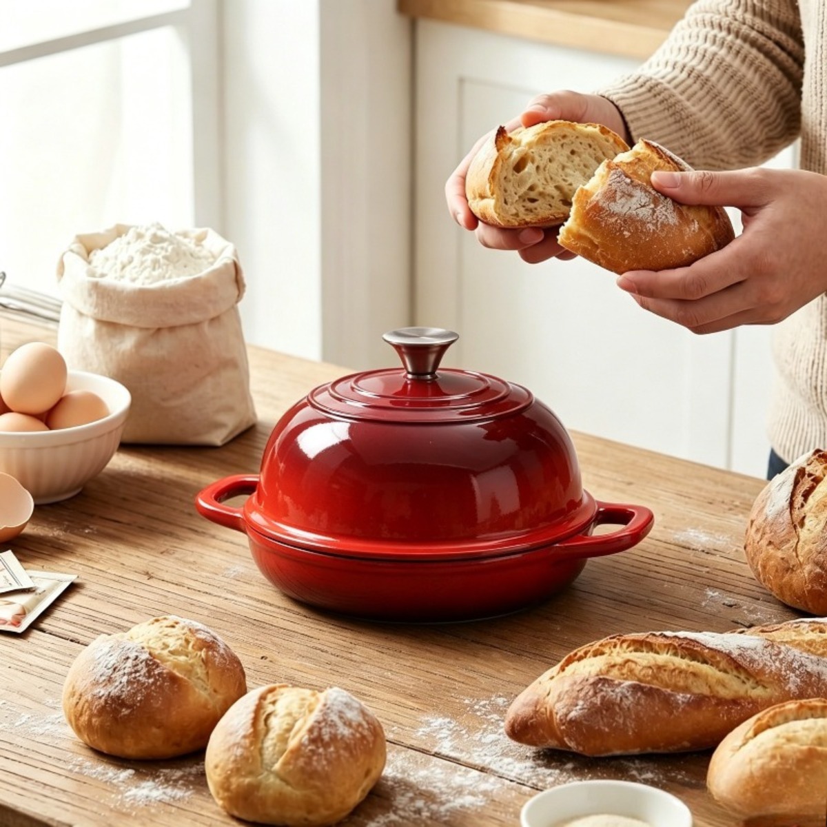 Dutch Oven Enamel - 9.5インチのエナメル加工鋳鉄製ダッチオーブン（ドーム型蓋付き、パン焼き用） | クリスピーな職人技のサワー種パンに蒸気を閉じ込めて、オーブンで安全に調理できます。