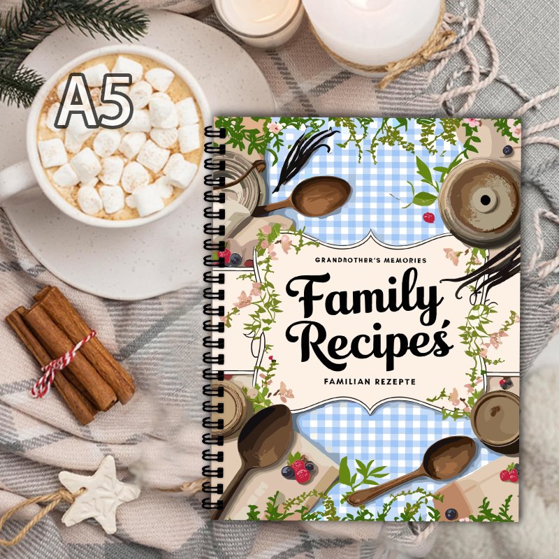 Home Cooking Cookbook - A5レシピブック、ブルーグリッド、蔓模様デザイン、家庭料理愛好家やプロのシェフへの完璧な贈り物、レシピブック