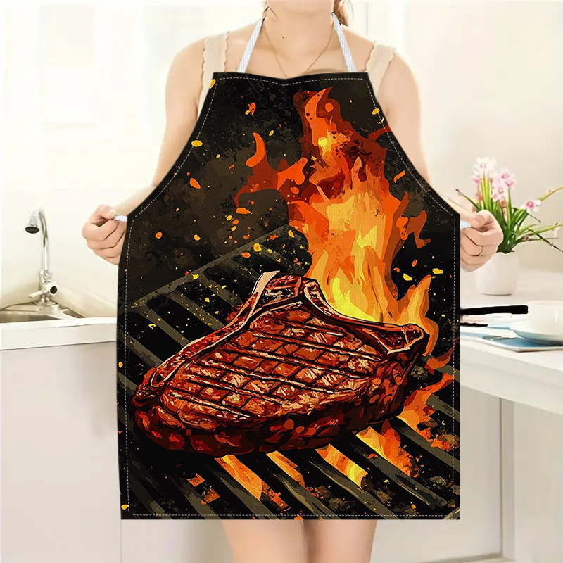 Home Cooking Ideas - 1枚入りBBQステーキエプロン、炎模様プリント入り、キッチン調理、ベーキング、作業着、ユニセックス、ホームシェフ、肉愛好家へのギフトに最適