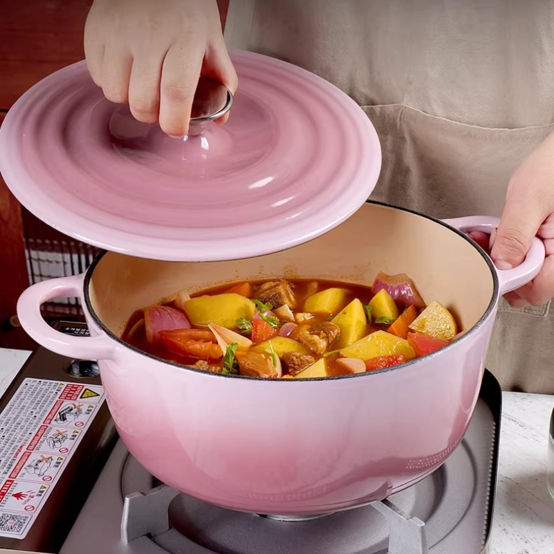 Dutch Oven Enamel - 22/24/26/28cm グラデーションピンクの鋳鉄製ホーロー鍋、蓋付き、両手ハンドル、あらゆるコンロに対応、500度までオーブンで使用可能 ° F,キャセロール