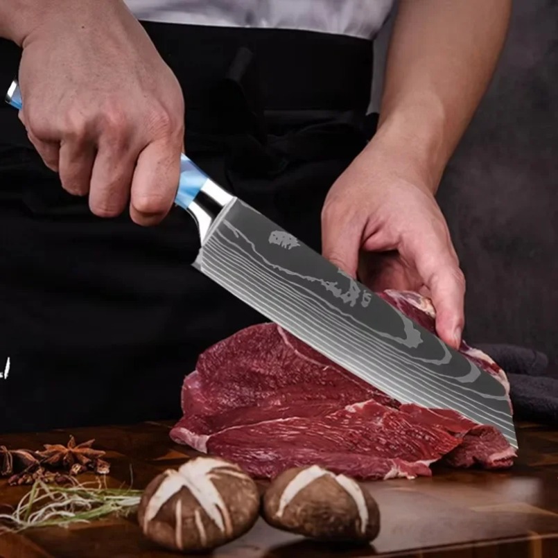 ダマスカス模様レーザー鋼日本製三徳包丁樹脂ハンドルシェフ用肉 - Home Cooking In Japanese のレビューと価格