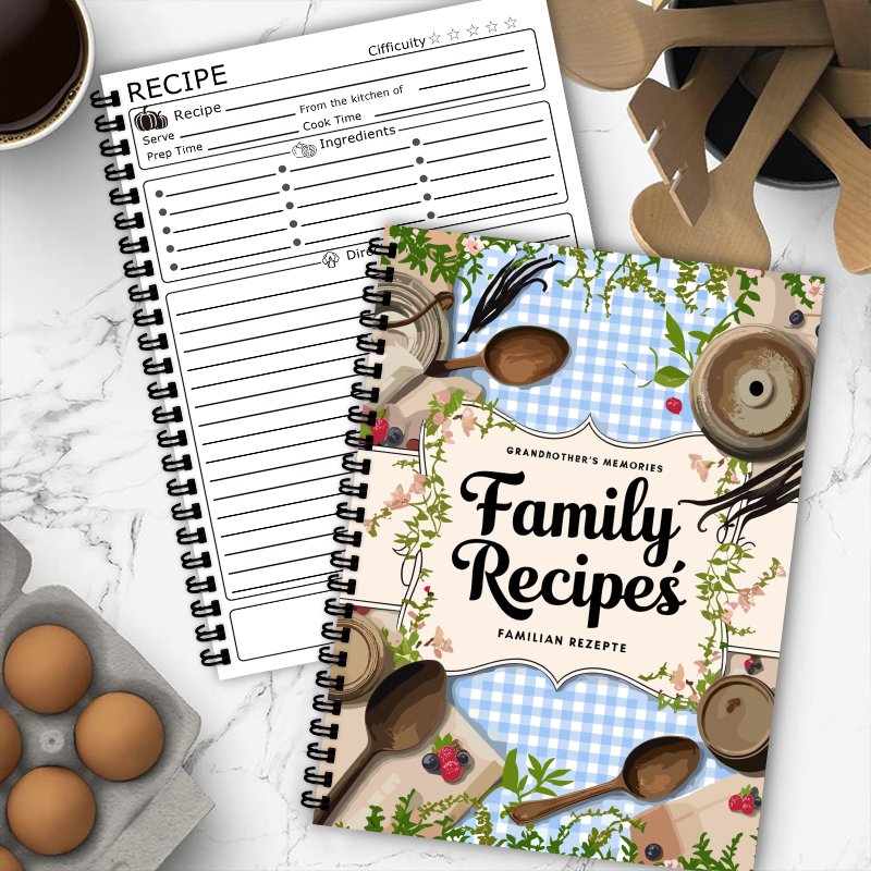 A5レシピブック、ブルーグリッド、蔓模様デザイン、家庭料理愛 - Home Cooking Cookbook のレビューと価格