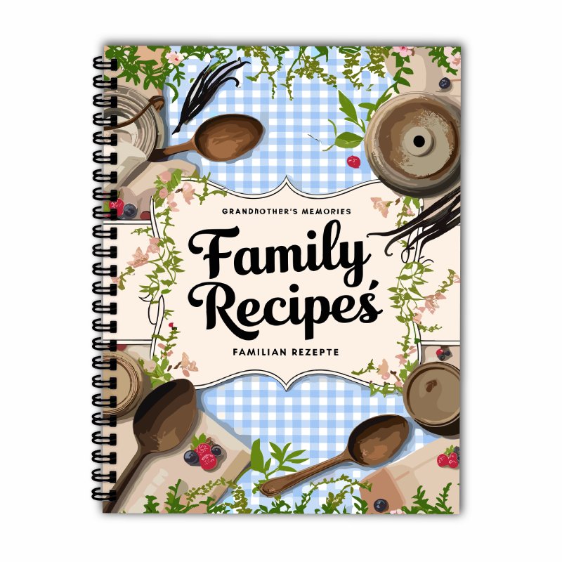 A5レシピブック、ブルーグリッド、蔓模様デザイン、家庭料理愛 - Home Cooking Cookbook のレビューと価格
